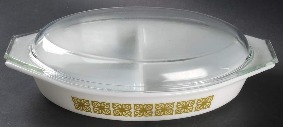Verde Square Flowers 12" Oval Covered Divided Vegetable (ODV12 Base) by Pyrex-1