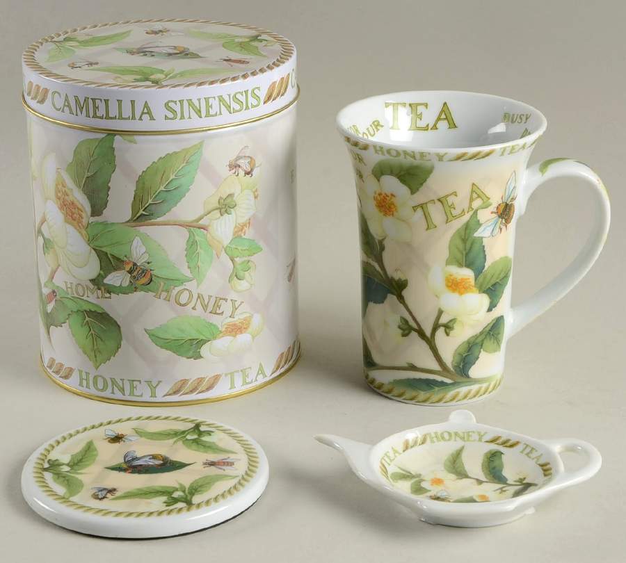 Tea Plant & Honey Bee Mug & Coaster with Tea Bag Holder Set in Gift Tin by Cardew Design-1