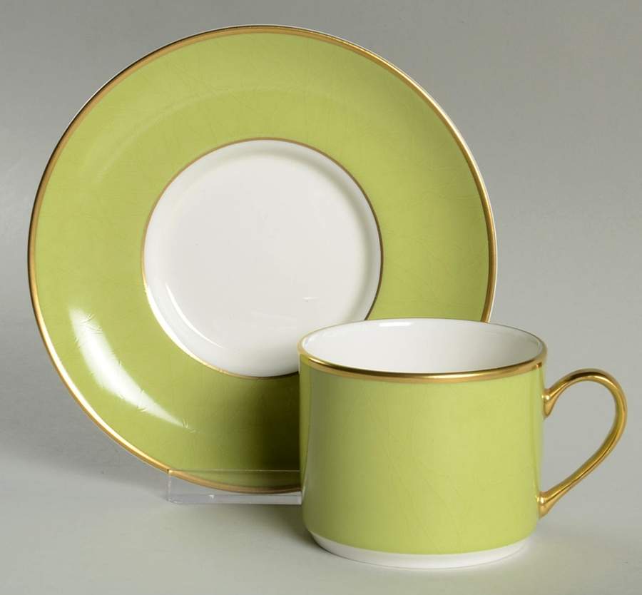 ColorBurst Green (Gold Trim, White) Flat Cup & Saucer Set by Pickard-1