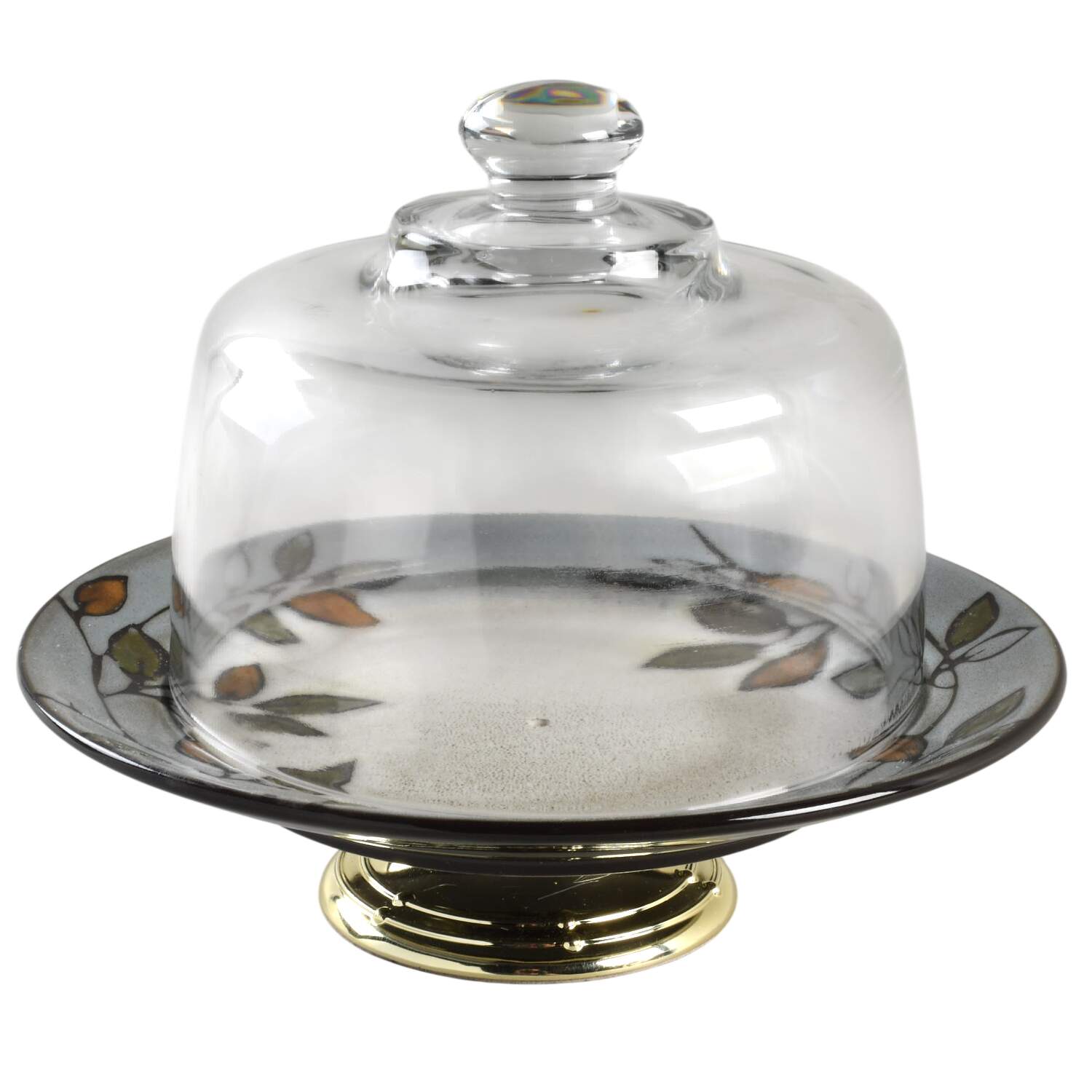 Rustic Leaves 6 1/2"-7 1/2" Footed Cheese Plate w/ Glass Dome HC by Pfaltzgraff-1