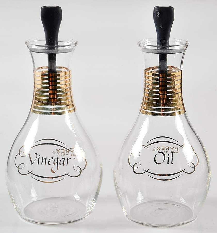 Gold Band Vinegar and Oil Set with Stoppers by Pyrex-1