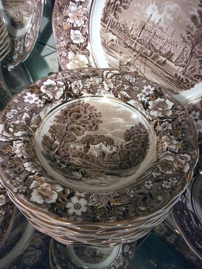 Thames River Scenes Brown and Gold Large Rim Soup Bowl by Palissy-1