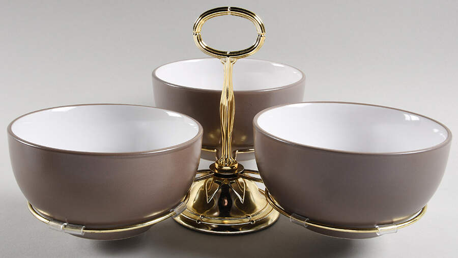 Harmony Taupe 7" x 12" 3-Part Relish & Metal Stand (CERC) HC by Pfaltzgraff-1