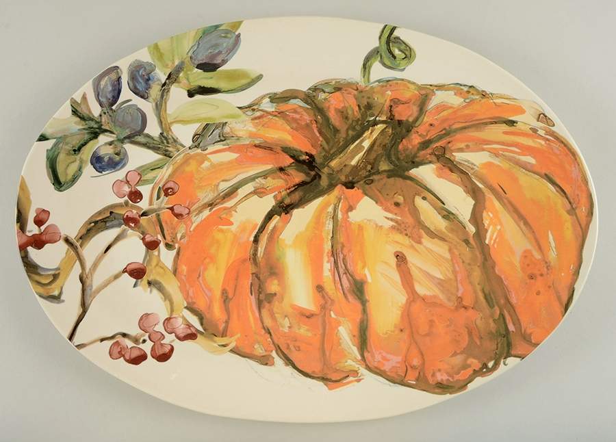 Watercolor Pumpkin 18" Oval Serving Platter by Pottery Barn China-1