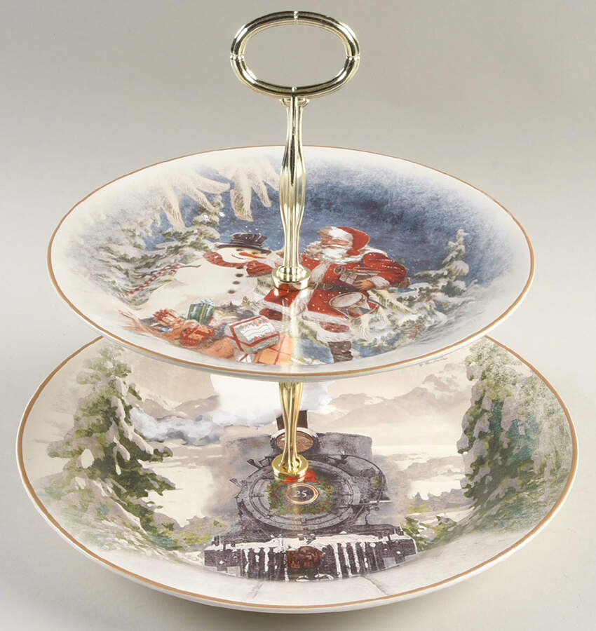 Nostalgic Santa (Nostalgic Christmas) 6 5/8"-10"  2 Tiered Serving Tray (Dp, Sp) HC by Pottery Barn China-1