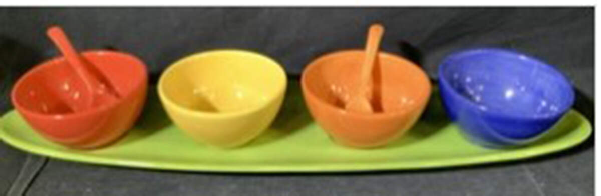 Colorful Serve 9 Pc Condiment Set (4 Motif Bowls & Spoons W/Tray) by Pottery Barn China-1