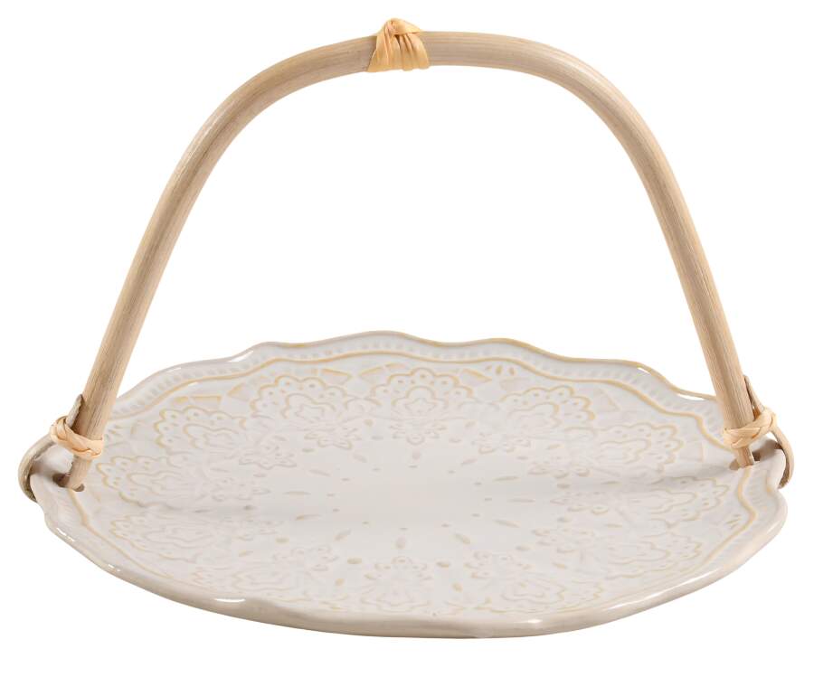 Farmhouse Lace Linen 5 3/8"-5 5/8" Bamboo Handled Serving Plate  HC by Pioneer Woman-1