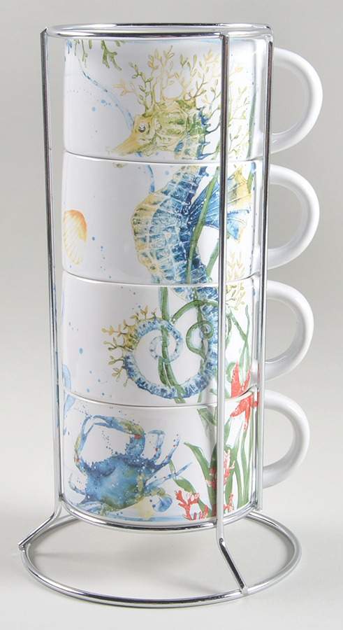 Sea Life Stackable Mug - Set of 4 & Metal Holder by Pier 1-1