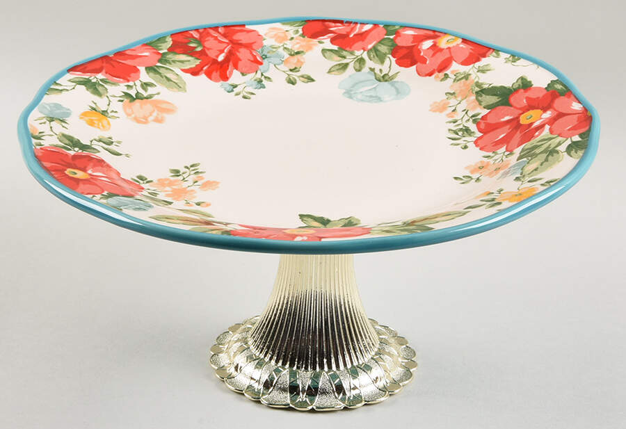 Vintage Floral Cake Stand with 4"-5" Metal Pedestal  Hc by Pioneer Woman-1