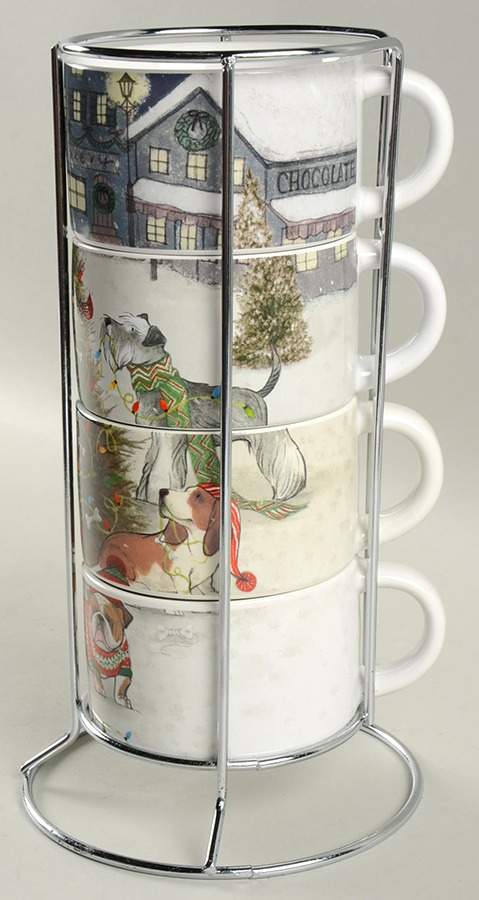 Park Avenue Puppies Christmas Tre Stackable Mug - Set of 4 & Metal Holder by Pier 1-1