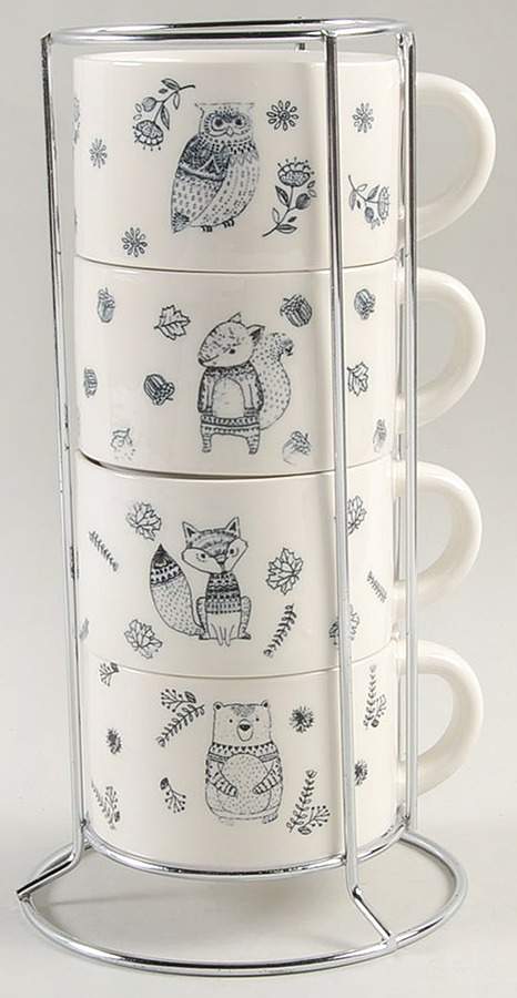 Black and White Critters Stackable Mug - Set of 4 & Metal Holder by Potter's Studio-1