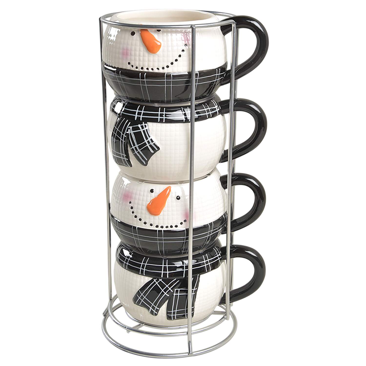 Black and White Snowman Stackable Mug - Set of 4 & Metal Holder by Potter's Studio-1