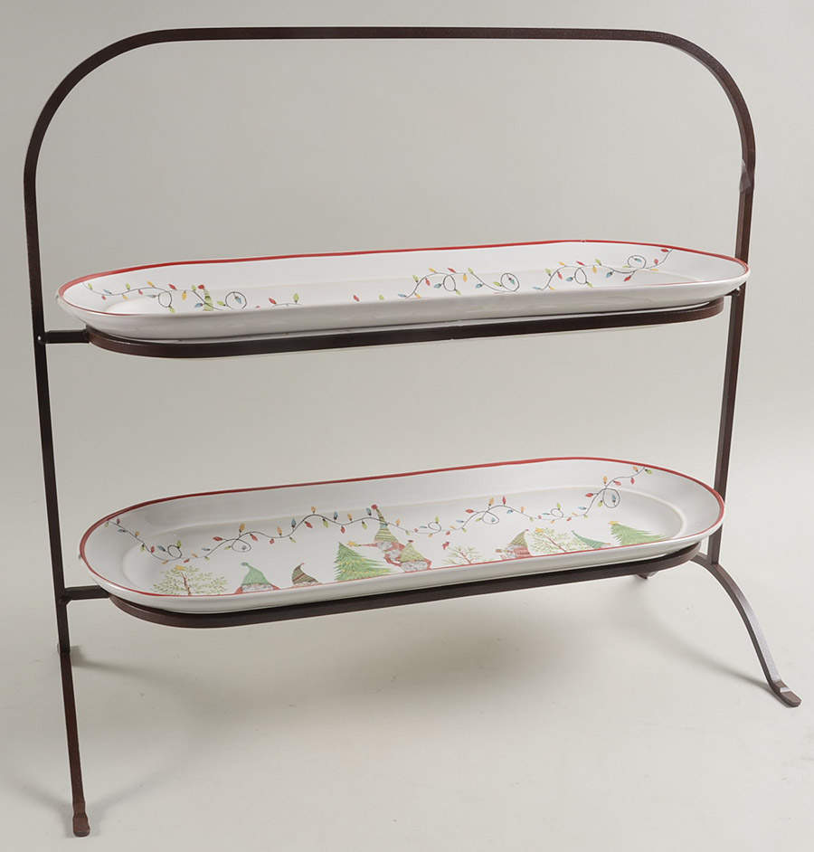 Forest Gnome 2 Tier Oval Tray & Metal Stand Set by Pottery Barn China-1