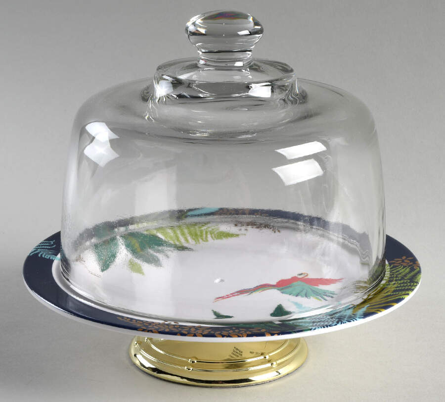 Parrot 6 1/2"-7 1/2" Footed Cheese Plate w/ Glass Dome HC by Pimpernel International-1