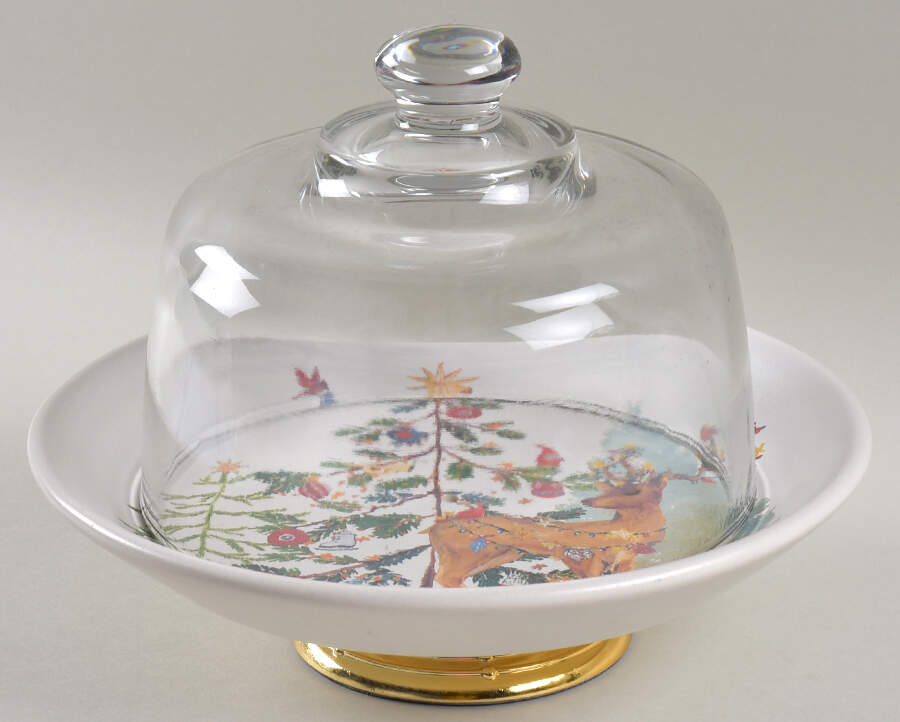 Christmas in the Country 6 1/2"-7 1/2" Footed Cheese Plate w/ Glass Dome HC by Pottery Barn China-1