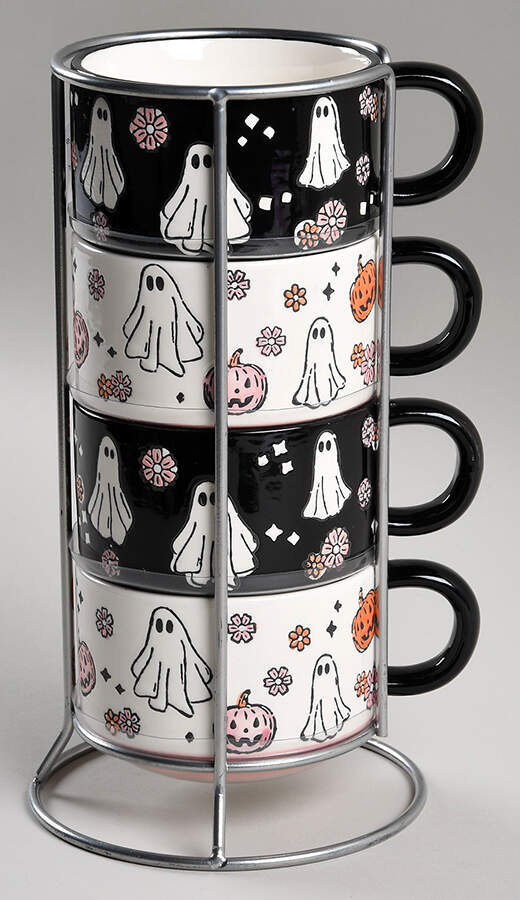 Ghosts & Pumpkins Stackable Mug - Set of 4 & Metal Holder by Potter's Studio-1