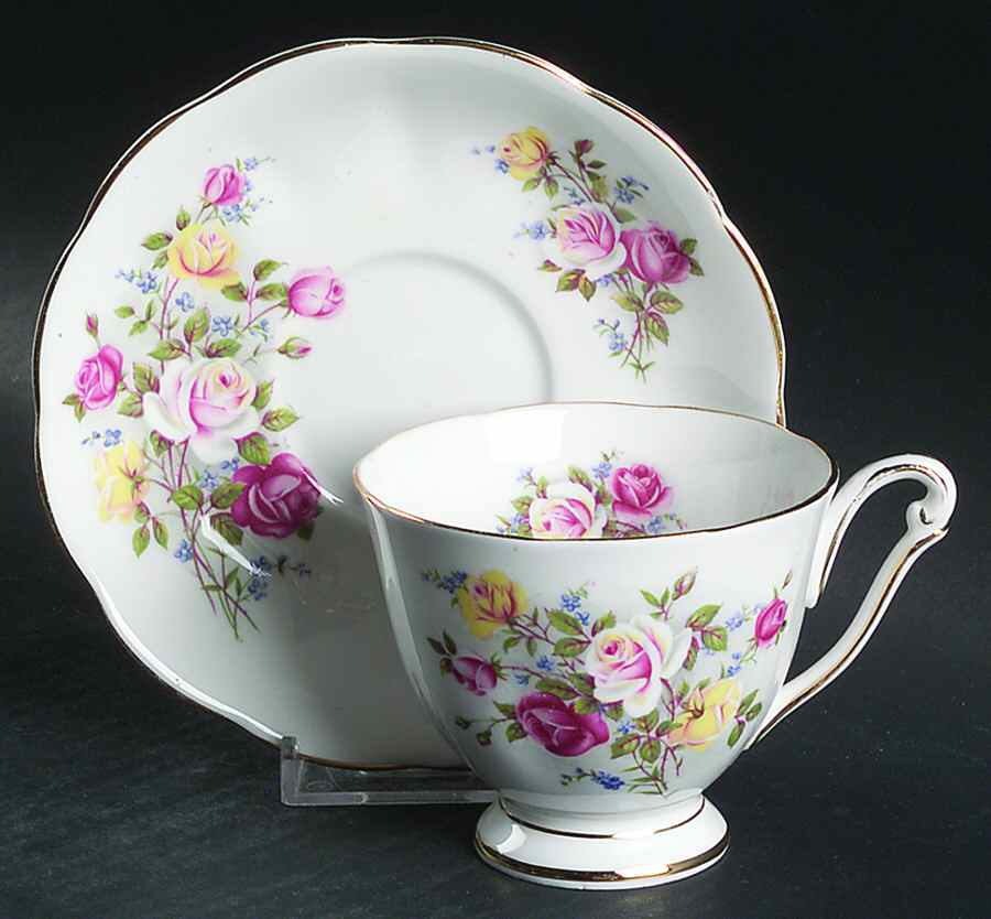 Country Gardens (Gold Trim) Footed Cup & Saucer Set by Queen Anne (England)-1
