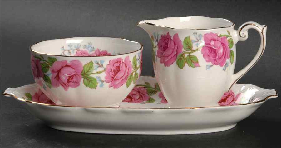 Lady Alexander Rose Mini Creamer & Open Sugar with Tray by Queen Anne (England)-1
