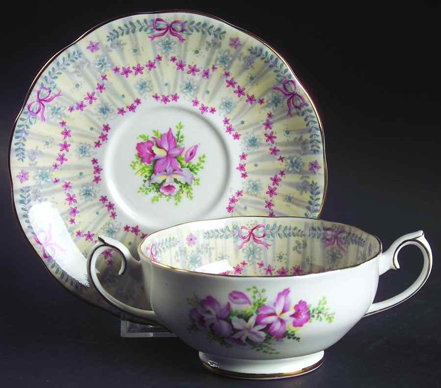 Royal Bridal Gown Footed Cream Soup Bowl & Saucer Set by Queen Anne (England)-1