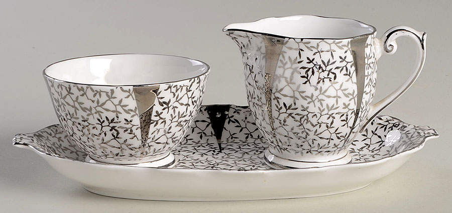 Silver Lace Mini Creamer & Open Sugar with Tray by Queen Anne (England)-1