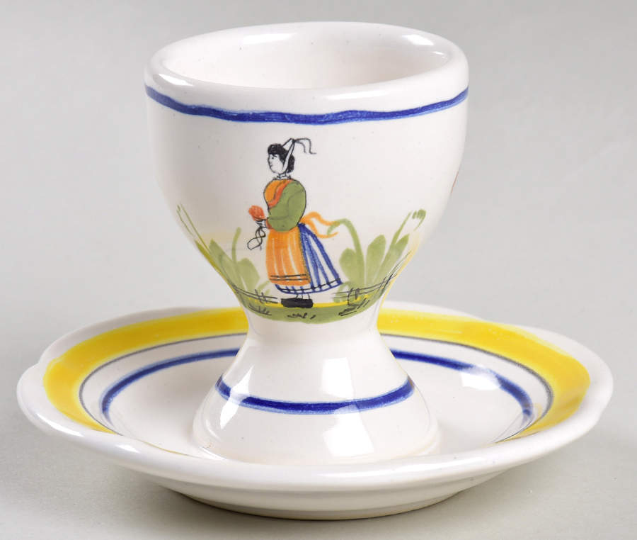 Henriot (Lady Or Man Center) Egg Cup with Attached Underplate by Quimper-1