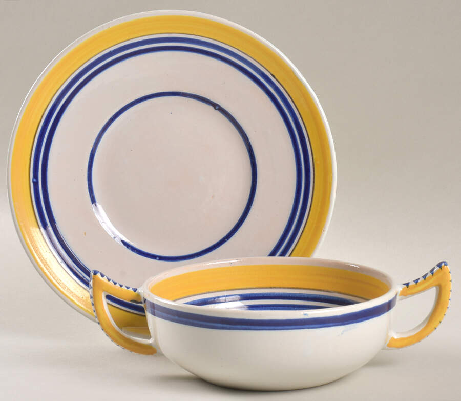Henriot (Lady Or Man Center) Flat Cream Soup Bowl & Saucer Set by Quimper-1