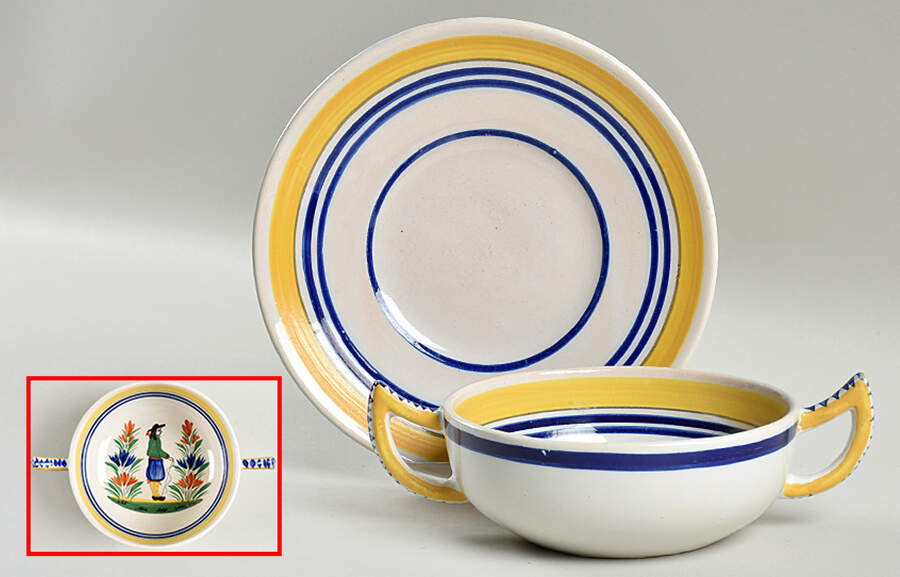 Henriot (Lady Or Man Center) Flat Cream Soup Bowl & Saucer Set by Quimper-1