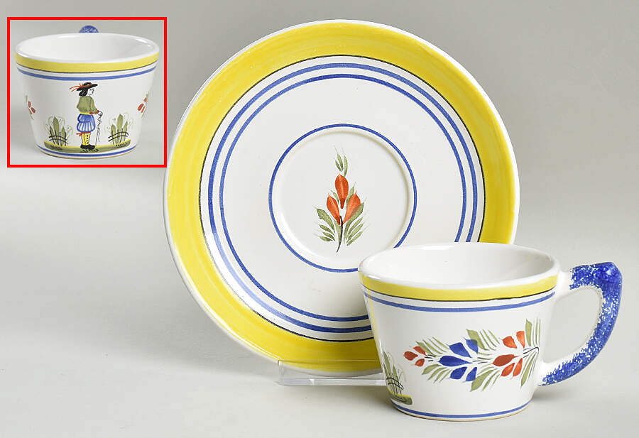 Henriot (Lady Or Man Center) Flat Cup & Saucer Set by Quimper-1