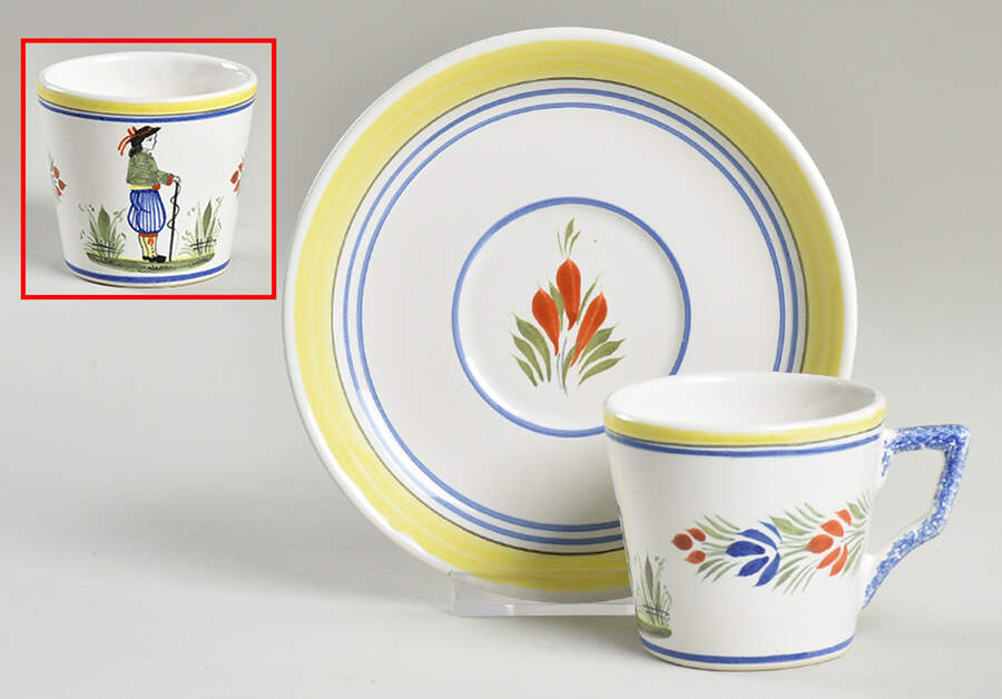 Henriot (Lady Or Man Center) Espresso Cup and Saucer Set by Quimper-1