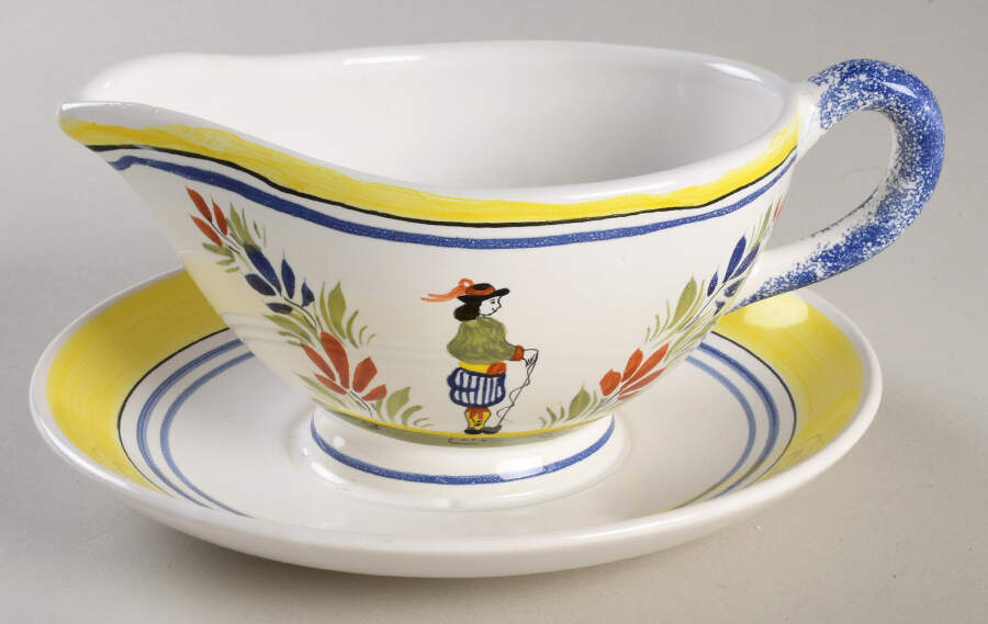 Henriot (Lady Or Man Center) Gravy Boat with Attached Underplate by Quimper-1