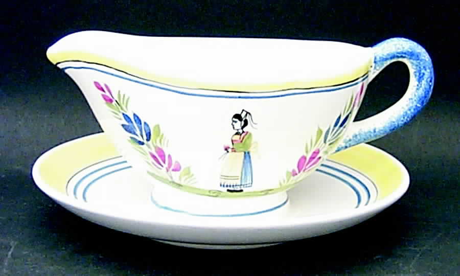 Henriot (Lady Or Man Center) Gravy Boat with Attached Underplate by Quimper-1