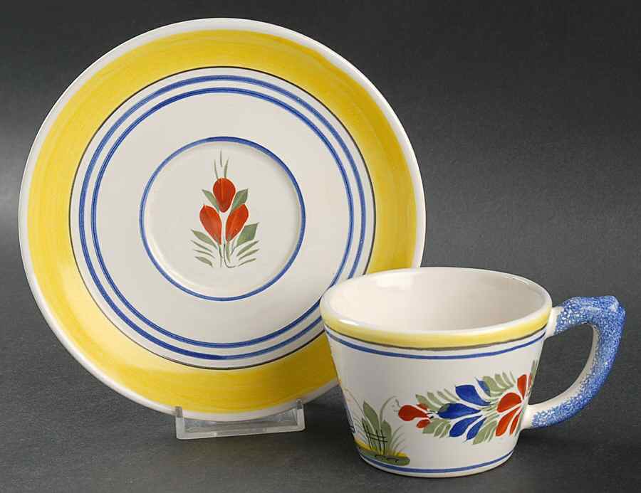 Henriot (Lady Or Man Center) Flat Cup & Saucer Set by Quimper-1