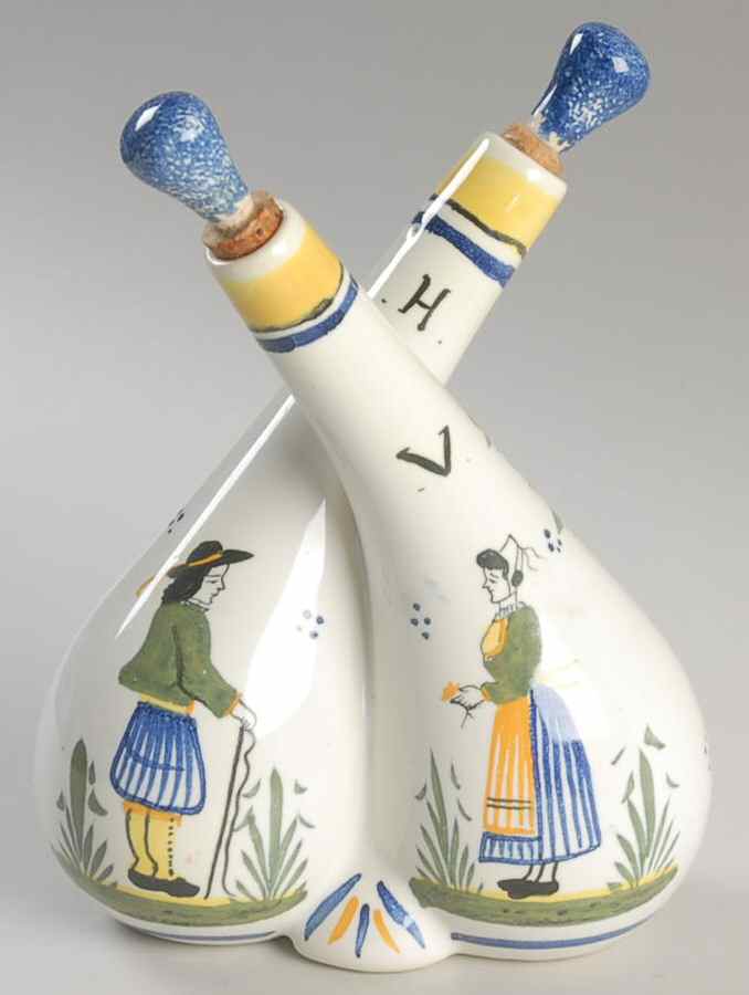 Henriot (Lady Or Man Center) Attached Oil and Vinegar Set with Stoppers by Quimper-1