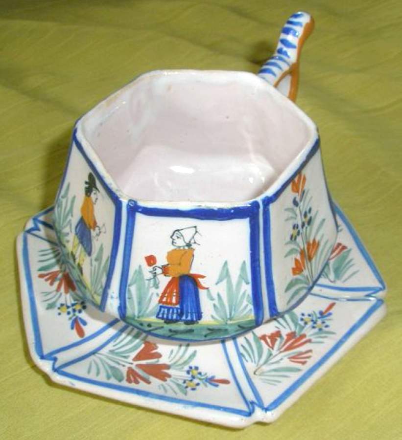 Henriot (Lady Or Man Center) Flat Cup & Saucer Set by Quimper-1