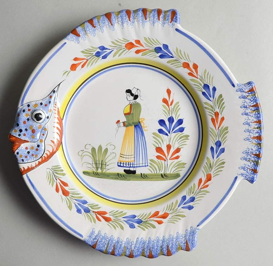 Henriot (Lady Or Man Center) 10" Fish Plate by Quimper-1