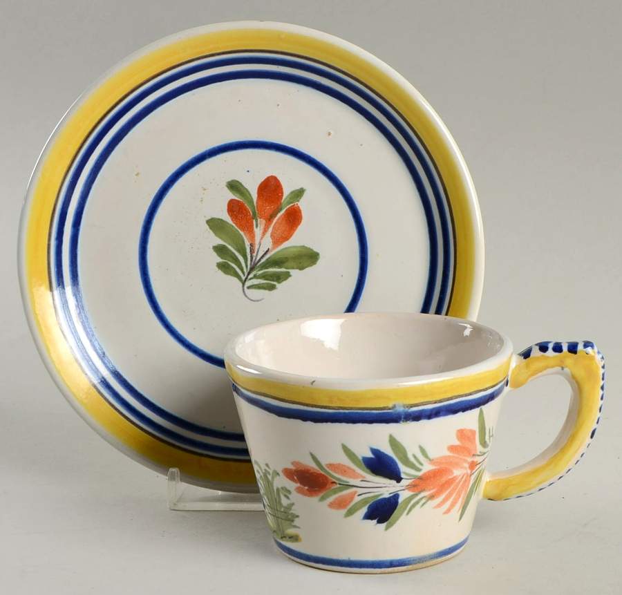 Henriot (Lady Or Man Center) Flat Cup & Saucer Set by Quimper-1