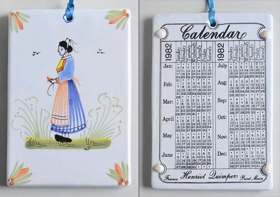 Henriot (Lady Or Man Center) Wall Plaque with Calendar on Back by Quimper-1