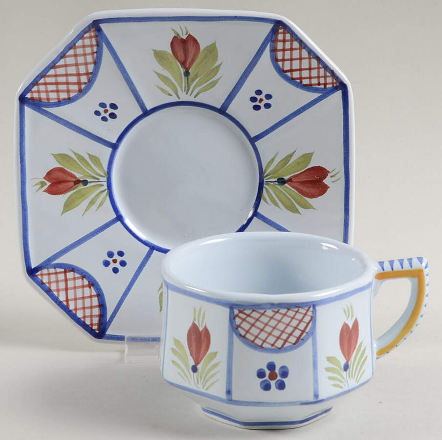 Mistral Blue (Octagonal, Lady Center) Flat Cup & Saucer Set by Quimper-1