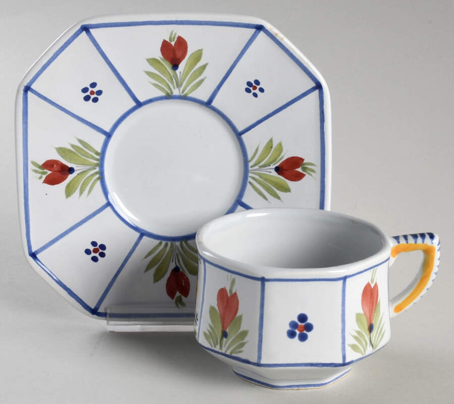 Mistral Blue (Octagonal, Lady Center) Flat Cup & Saucer Set by Quimper-1