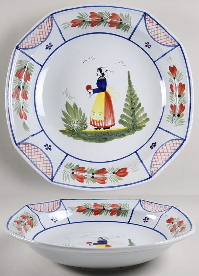 Mistral Blue (Octagonal, Lady Center) 13" Pasta Serving Bowl by Quimper-1