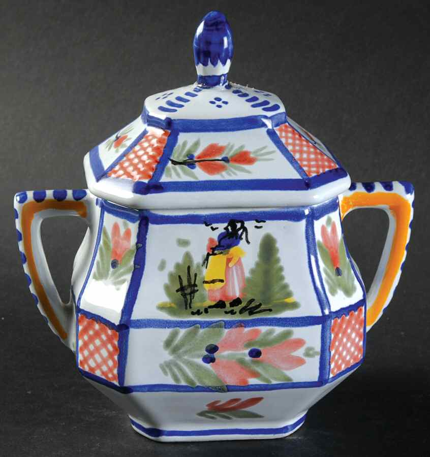 Mistral Blue (Octagonal, Lady Center) Sugar Bowl & Lid by Quimper-1