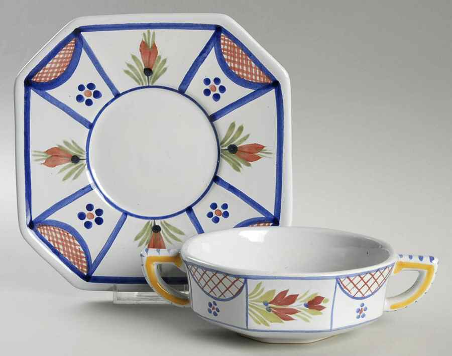 Mistral Blue (Octagonal, Lady Center) Flat Cream Soup Bowl & Saucer Set by Quimper-1