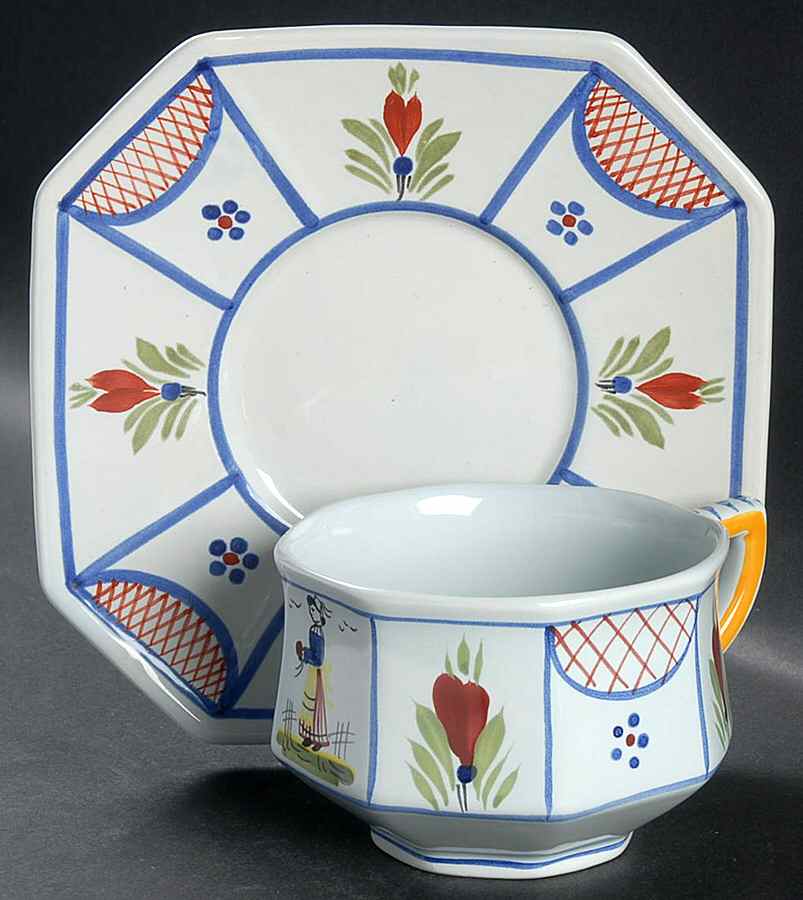 Mistral Blue (Octagonal, Lady Center) Breakfast Cup & Saucer Set by Quimper-1