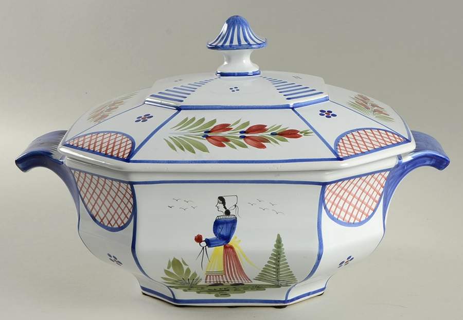 Mistral Blue (Octagonal, Lady Center) Tureen &  Lid by Quimper-1
