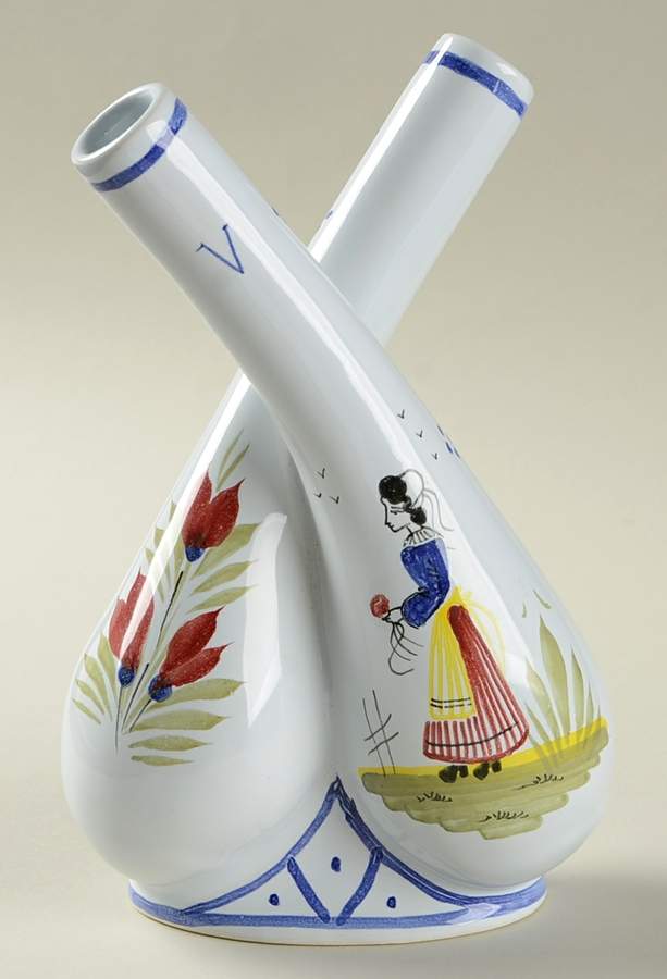 Mistral Blue (Octagonal, Lady Center) Attached Oil and Vinegar No Stoppers by Quimper-1
