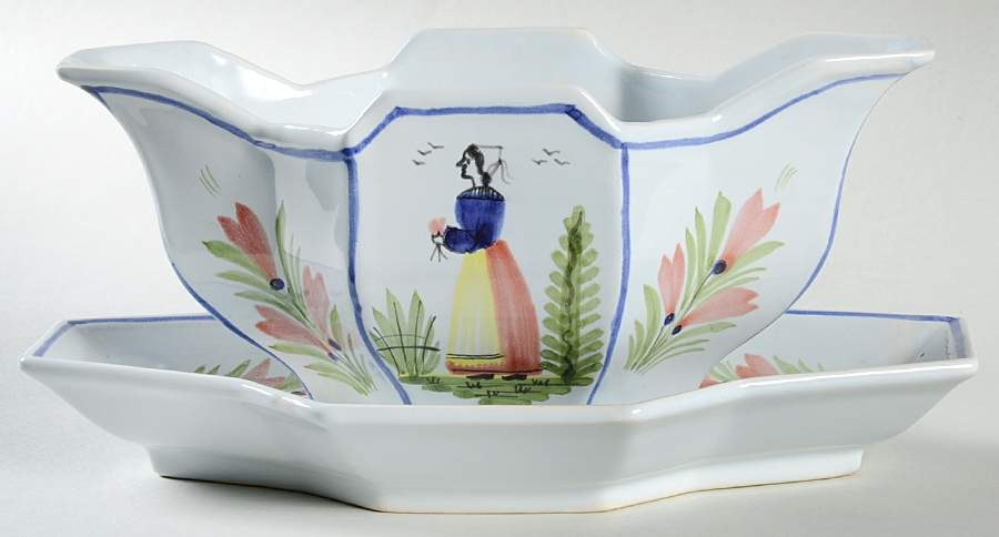 Mistral Blue (Octagonal, Lady Center) Gravy Boat with Attached Underplate by Quimper-1