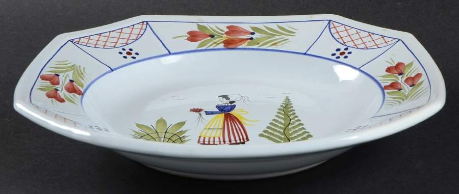 Mistral Blue (Octagonal, Lady Center) Large Rim Soup Bowl by Quimper-1