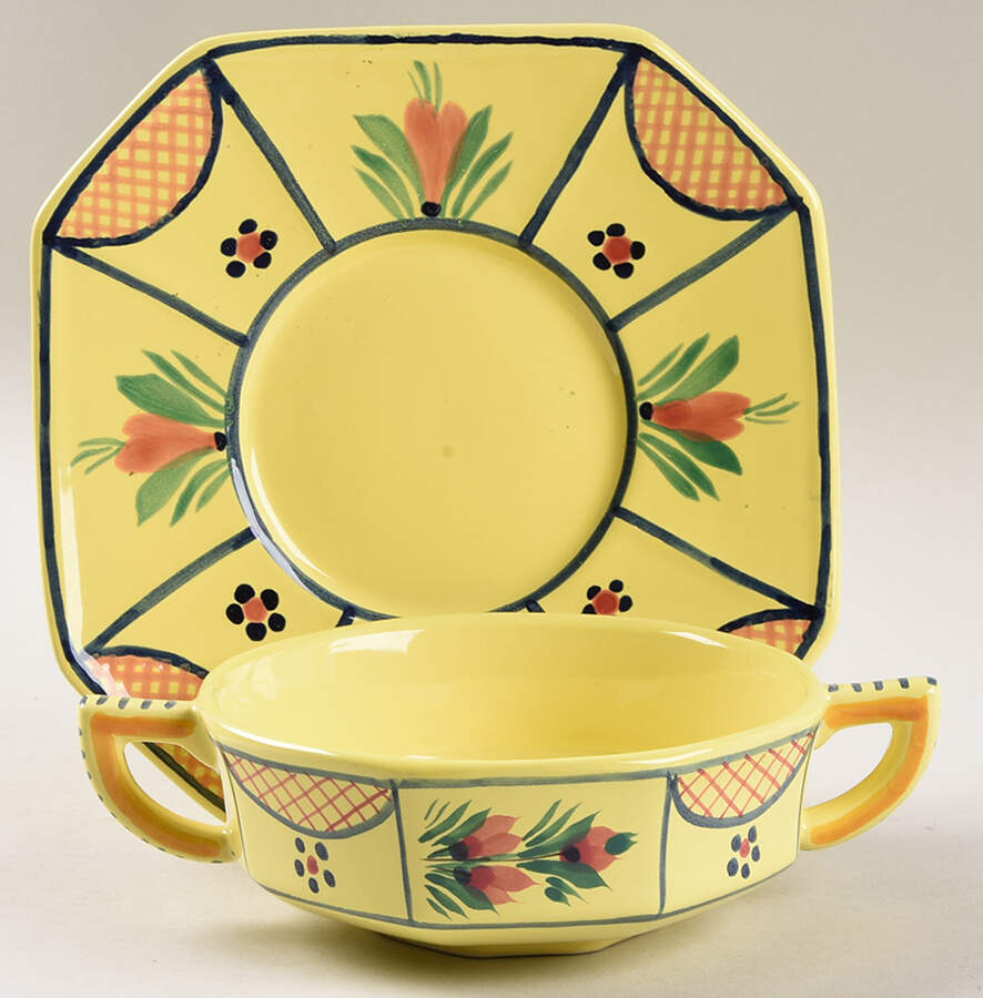 Soleil Yellow (Octagonal, Lady) Flat Cream Soup Bowl & Saucer Set by Quimper-1