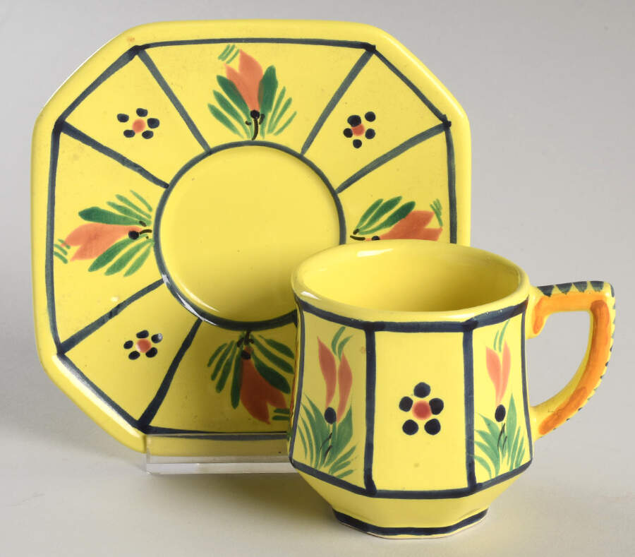 Soleil Yellow (Octagonal, Lady) Flat Demitasse Cup & Saucer Set by Quimper-1