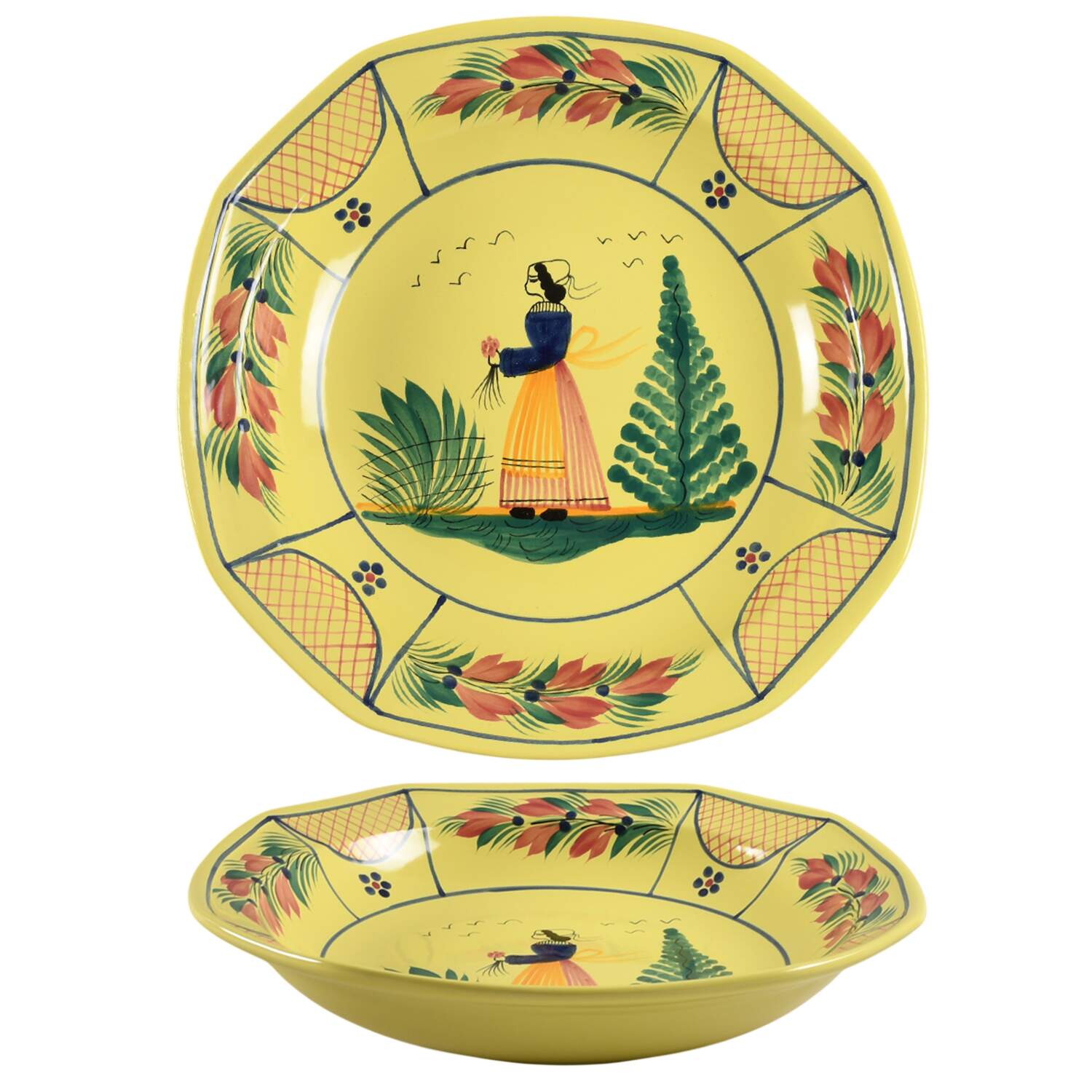 Soleil Yellow (Octagonal, Lady) 13" Pasta Serving Bowl by Quimper-1